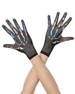 Holographic Skeleton Fishnet Gloves