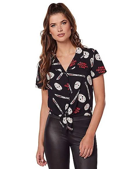 Adult Tie Front Jason Voorhees Shirt - Friday The 13th 3 Adult Tie Front Jason Voorhees Shirt - Friday The 13th